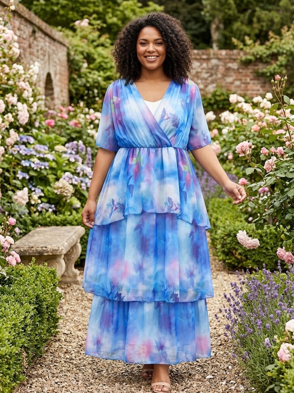 Blue Watercolor Tiered Maxi Dress with V-Neck